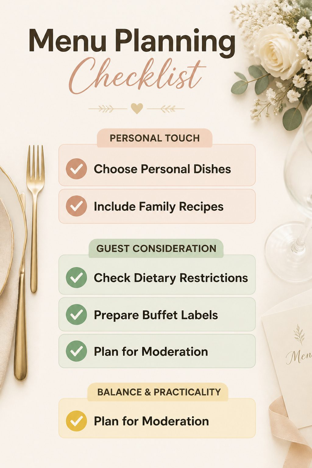 A checklist for menu planning at a wedding reception.