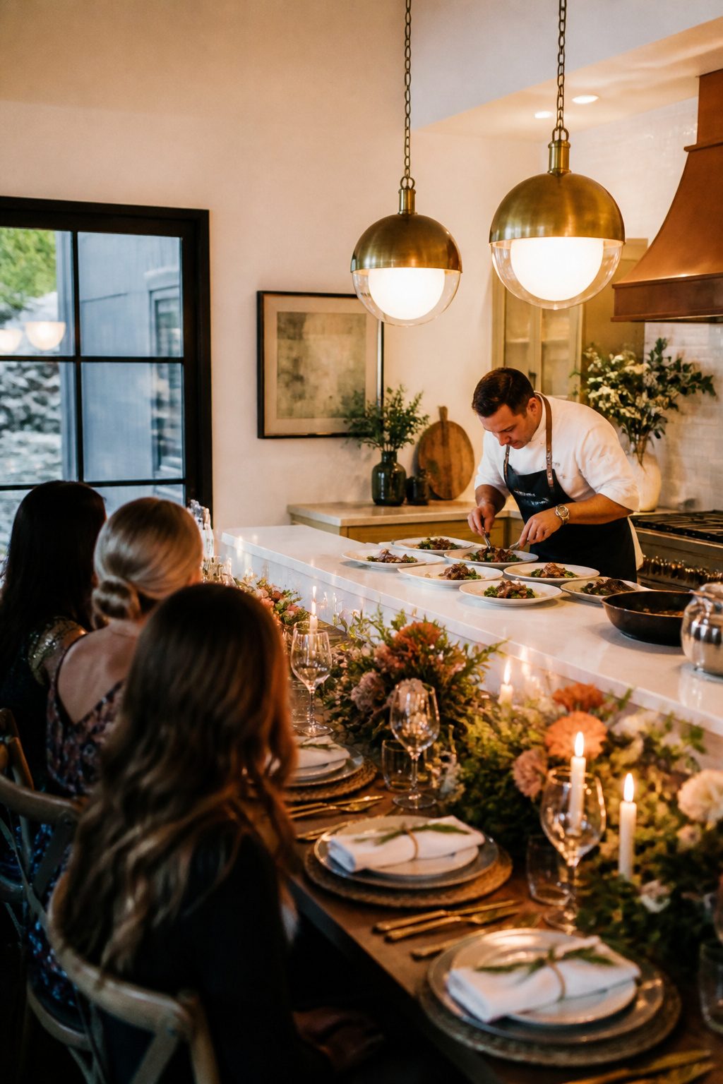A private chef cooking in an open kitchen with guests at a long table.