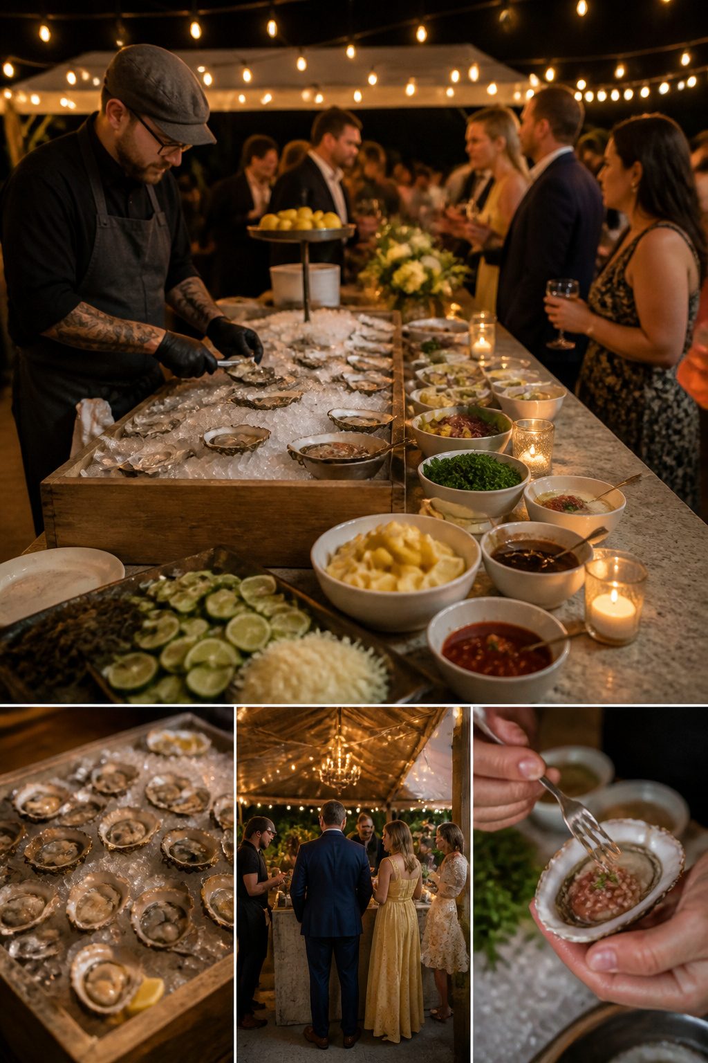 A raw bar setup at a wedding with guests enjoying fresh oysters.