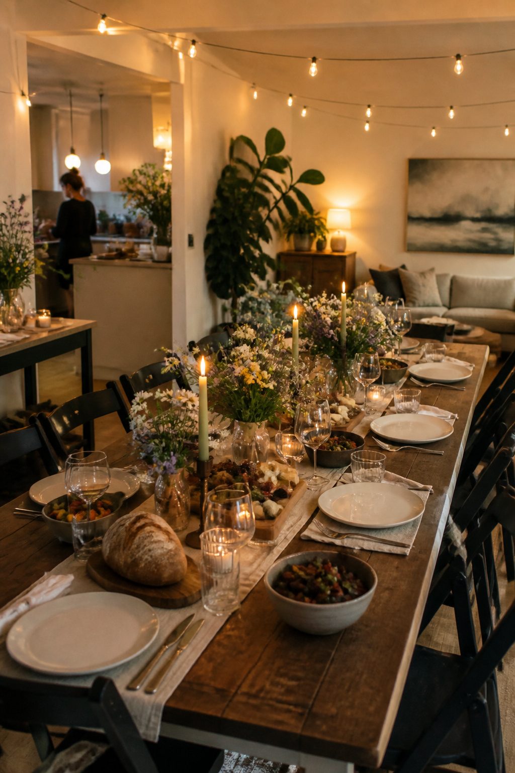 A living room with a long dining table decorated for a dinner party.