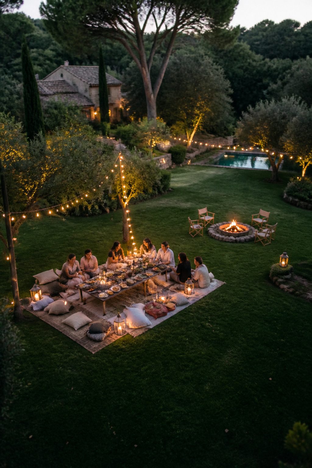 A picnic blanket on the grass with string lights overhead.