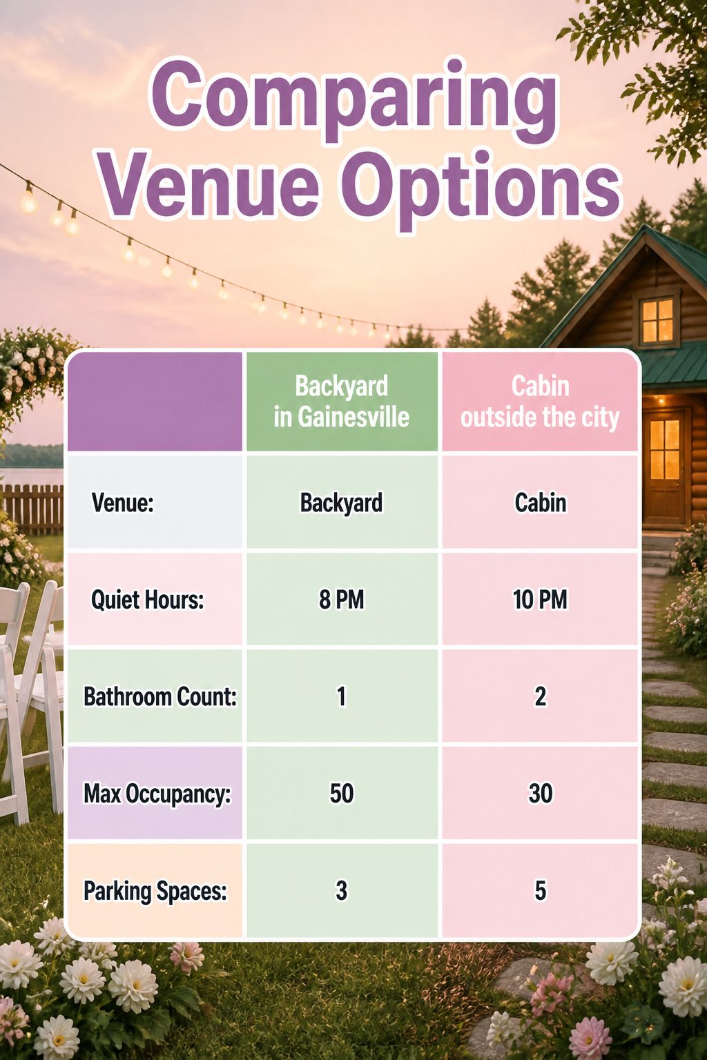 A backyard venue set up for an event with chairs and tables.