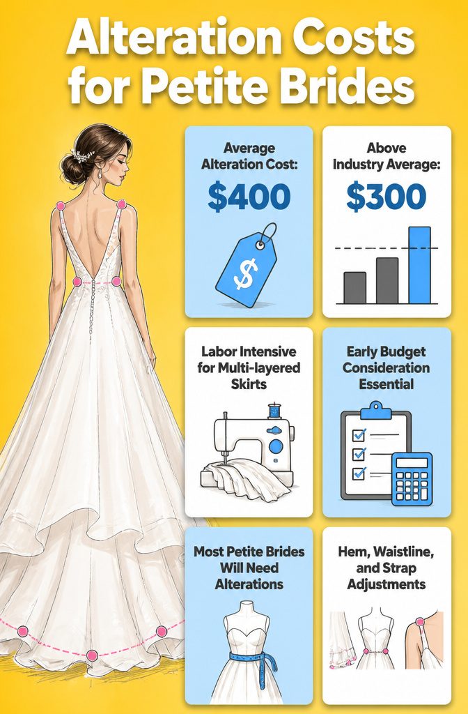 Wedding Dress for Short Bride: 6 Silhouette Styles That Fit 8 An information image about alteration costs for petite brides.