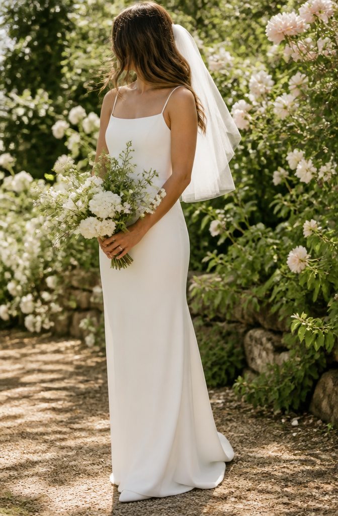 Wedding Dress for Short Bride: 6 Silhouette Styles That Fit 5 A bride in a column wedding dress poses in a garden.