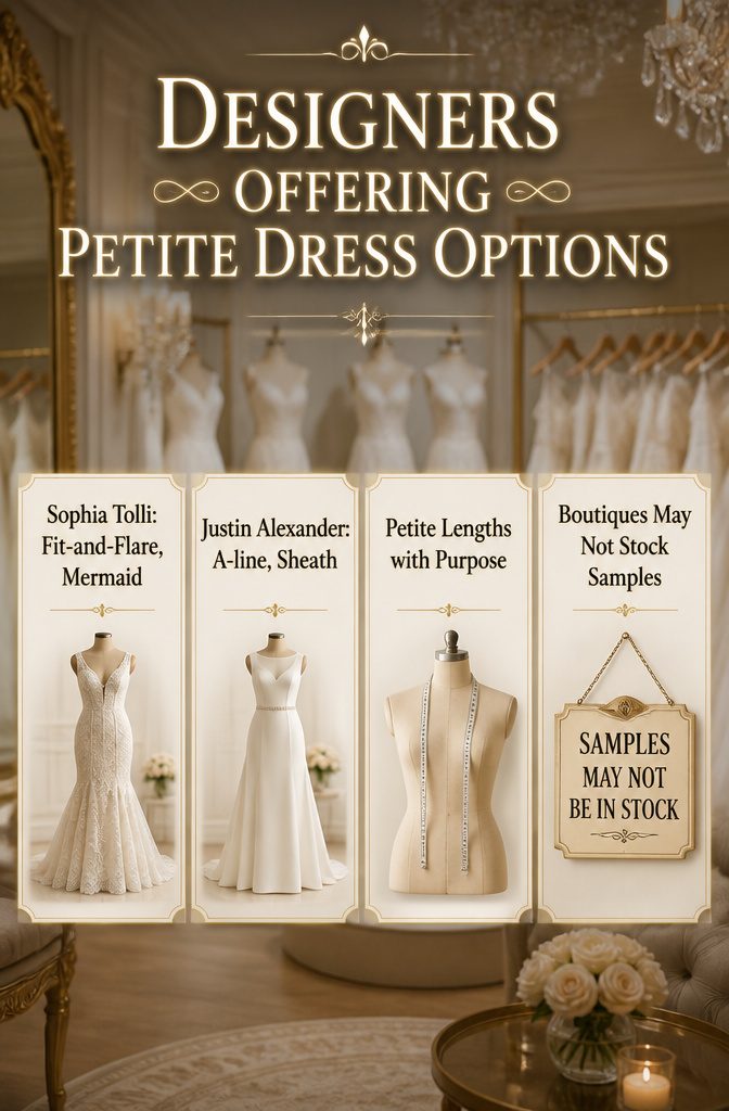 Wedding Dress for Short Bride: 6 Silhouette Styles That Fit 11 An information image about designers offering petite wedding dresses.