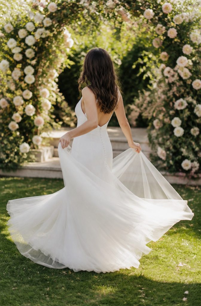 Wedding Dress for Short Bride: 6 Silhouette Styles That Fit 10 A petite bride twirls in a lightweight wedding dress.