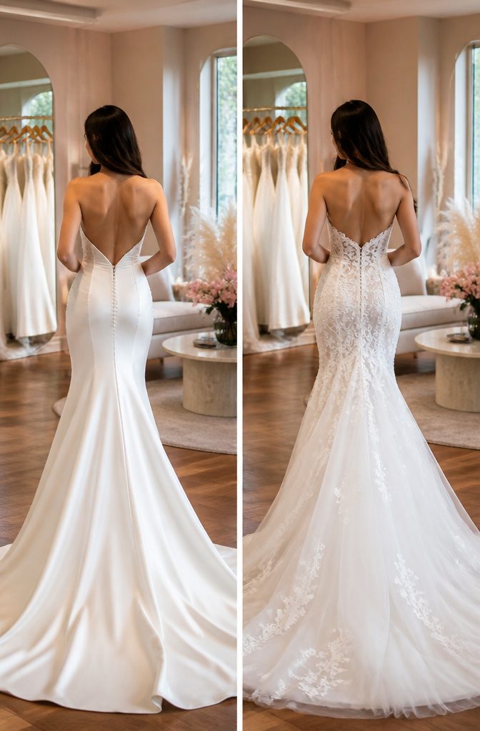 Wedding Dress for Short Bride: 6 Silhouette Styles That Fit 3 A bride in a fit-and-flare wedding dress stands elegantly.