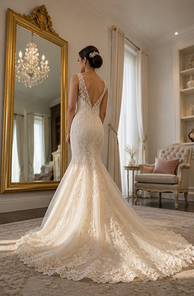 Wedding Dress for Short Bride: 6 Silhouette Styles That Fit 4 A petite bride in a mermaid wedding dress poses gracefully.