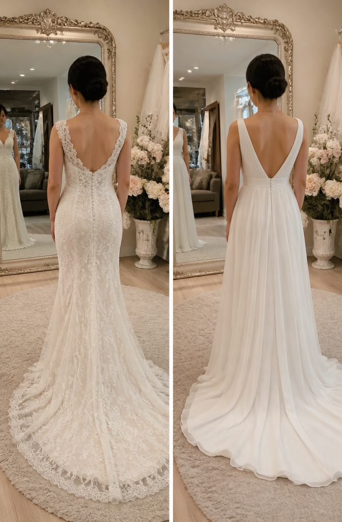 Wedding Dress for Short Bride: 6 Silhouette Styles That Fit 9 An image showcasing necklines that lengthen for petite brides.
