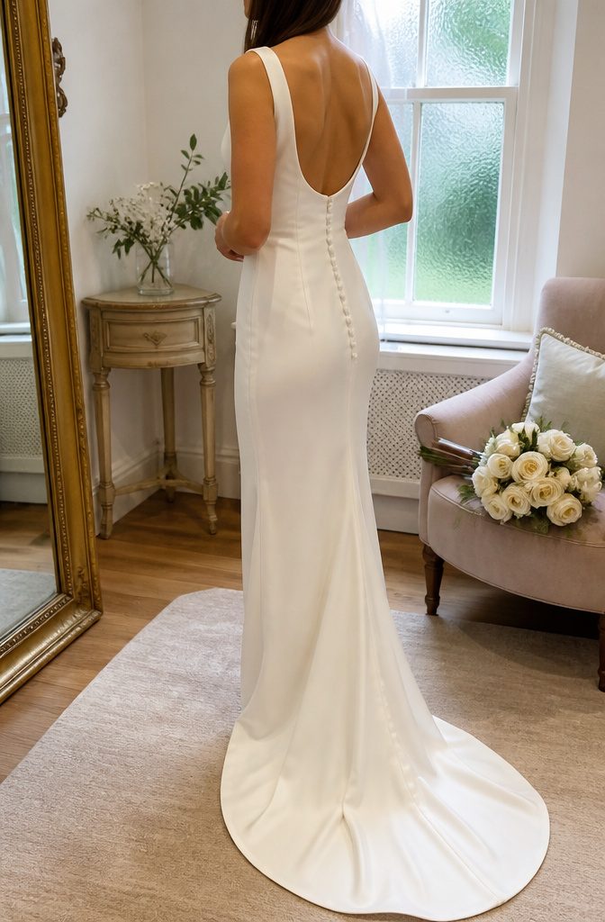 Wedding Dress for Short Bride: 6 Silhouette Styles That Fit 2 A petite bride poses in a minimalist sheath wedding dress.