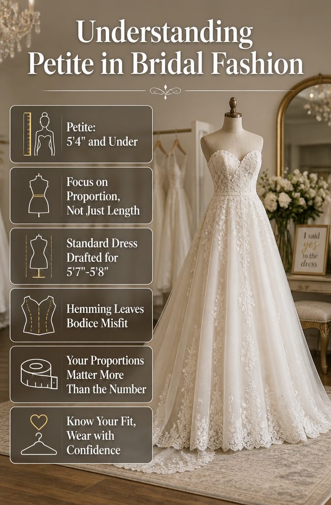Wedding Dress for Short Bride: 6 Silhouette Styles That Fit 7 An information image explaining petite bridal sizing.