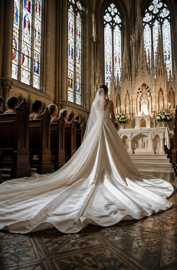 Wedding Dress Long Train: A Guide to Train Styles and Lengths 6 Bride in a formal setting with a long cathedral train trailing behind.