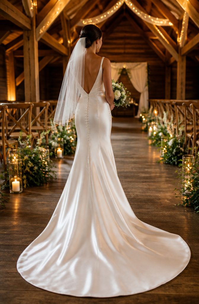 Wedding Dress Long Train: A Guide to Train Styles and Lengths 5 Bride with an A-line dress featuring a chapel train in a garden.