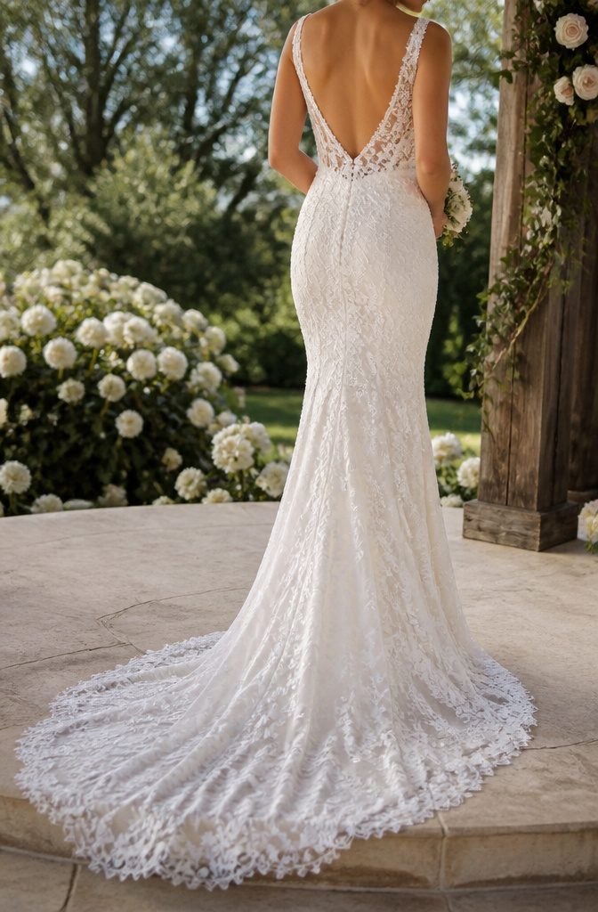 Wedding Dress Long Train: A Guide to Train Styles and Lengths 3 Bride in a trumpet gown featuring a court train at her waist.
