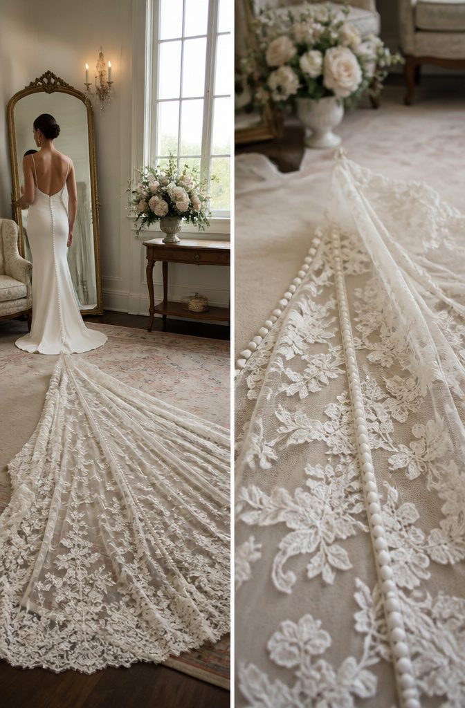 Wedding Dress Long Train: A Guide to Train Styles and Lengths 10 Bride considering a detachable train for added flexibility in her dress.