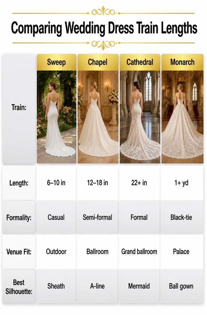 Wedding Dress Long Train: A Guide to Train Styles and Lengths 8 Chart comparing different wedding dress train lengths and their features.