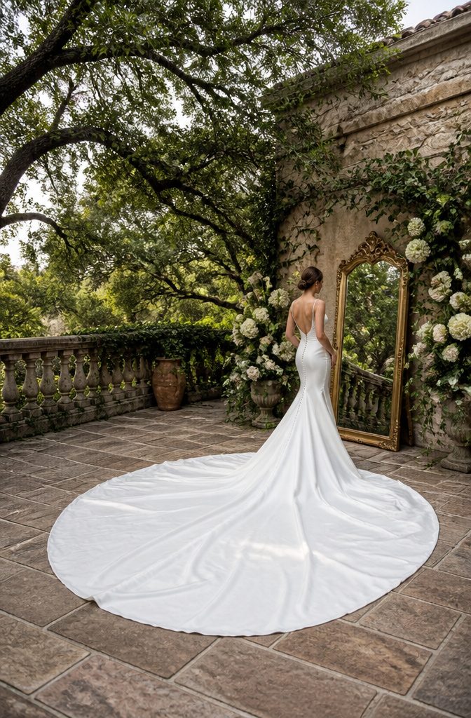Wedding Dress Long Train: A Guide to Train Styles and Lengths 9 Bride with a cathedral train illustrating the impact on body shape.