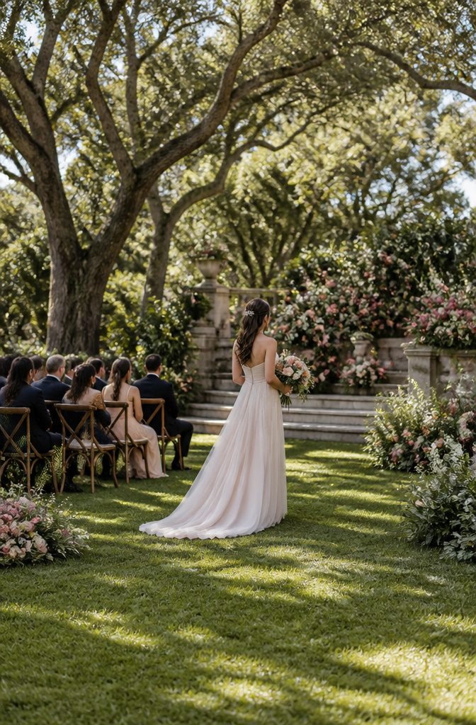 Wedding Dress Long Train: A Guide to Train Styles and Lengths 2 Bride in a garden wearing a wedding dress with a short sweep train.