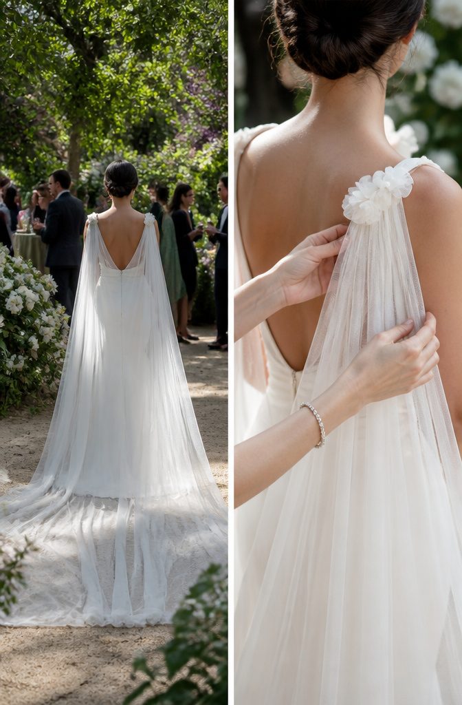 Wedding Dress Long Train: A Guide to Train Styles and Lengths 4 Bride wearing a wedding dress with a Watteau train attached at the shoulders.
