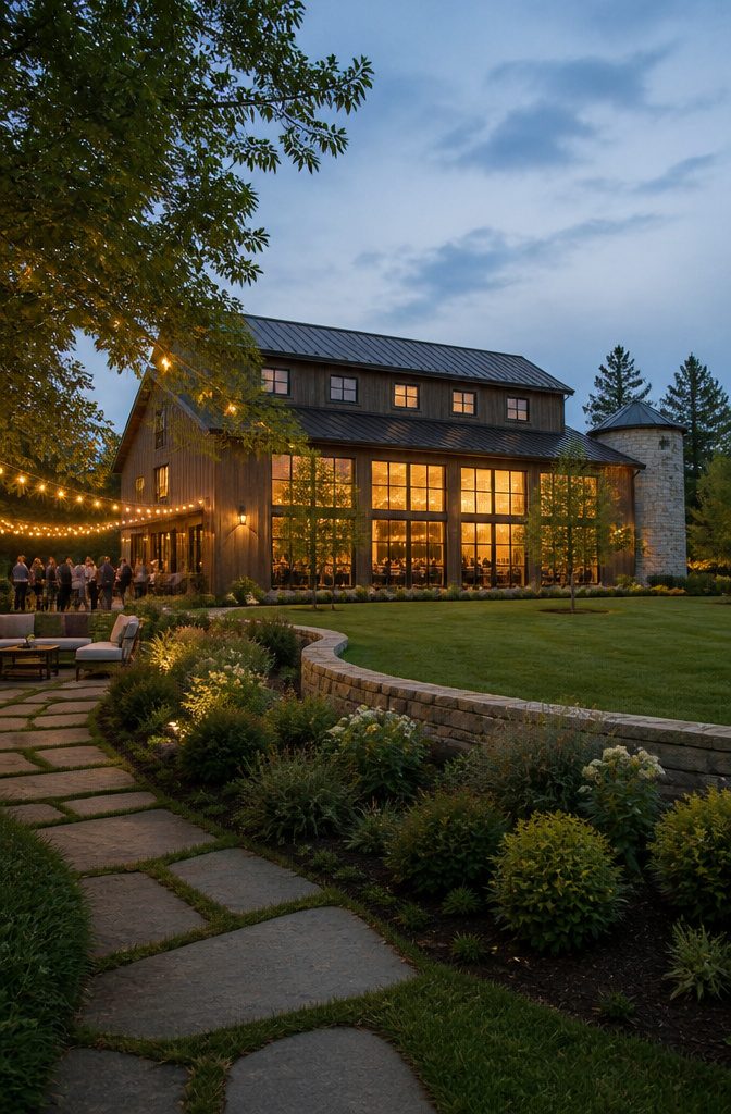 A rustic wedding barn with large windows at Cedar Lakes Estate.