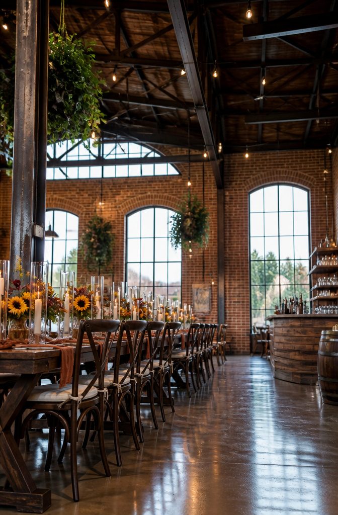 An industrial-style venue with brick walls and steel beams.
