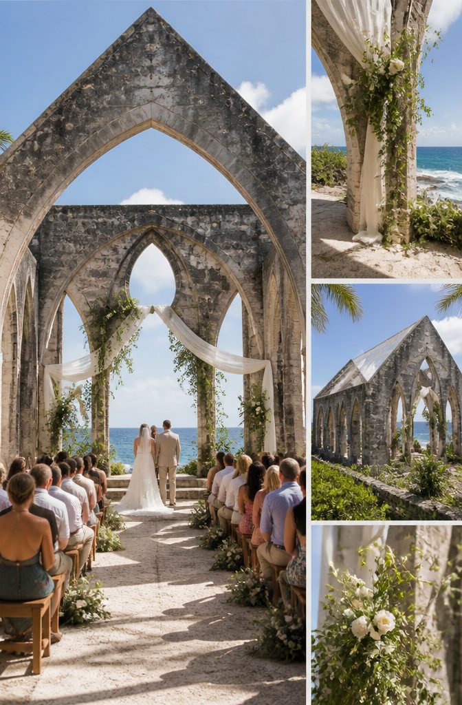 An open-air church structure with Gothic arches in Bermuda.