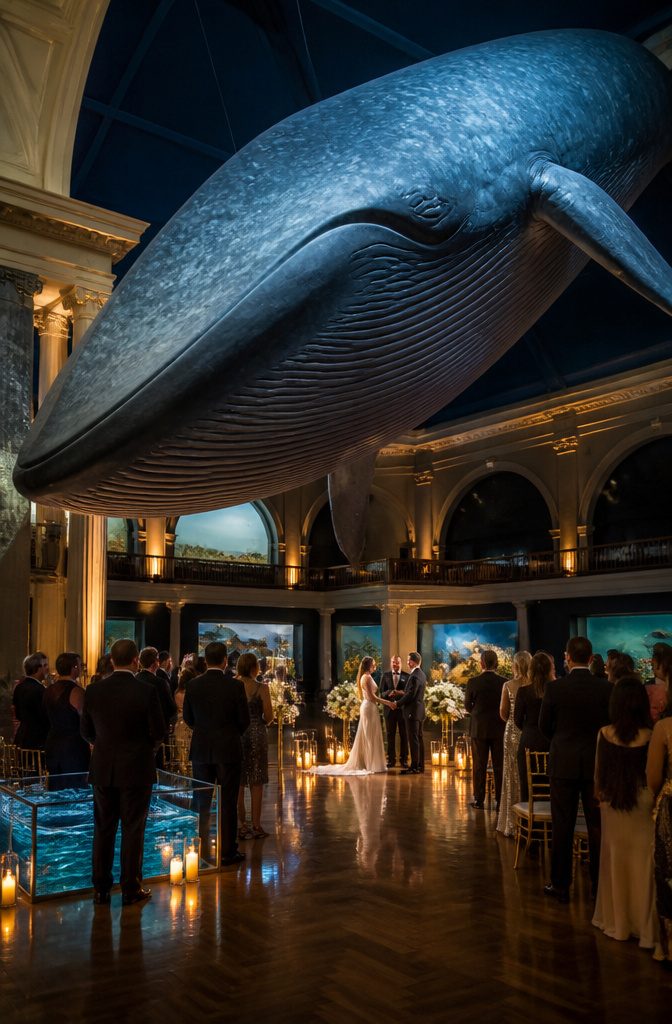 A 94-foot blue whale hanging in a museum hall.