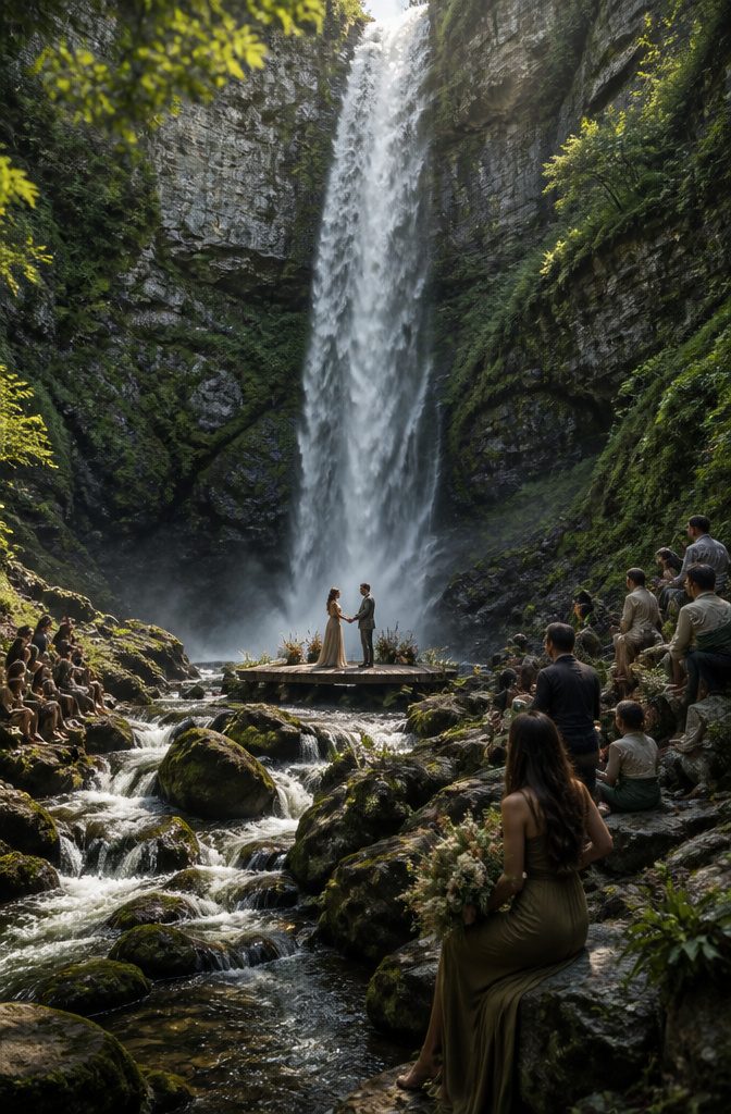 A couple exchanging vows beside a flowing waterfall.