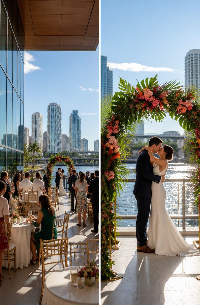 A modern event room with large glass windows and river views.