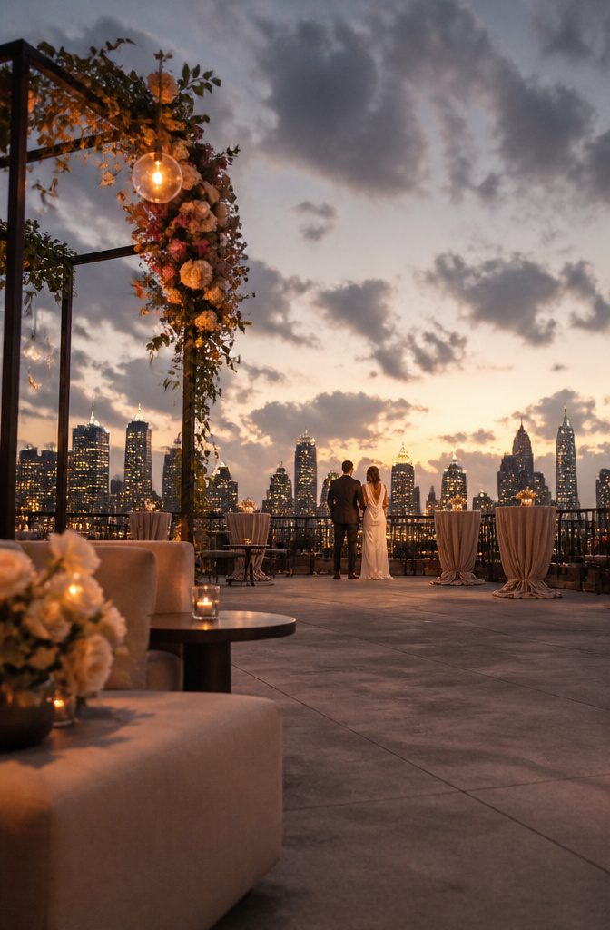 A rooftop deck overlooking a city skyline at night.