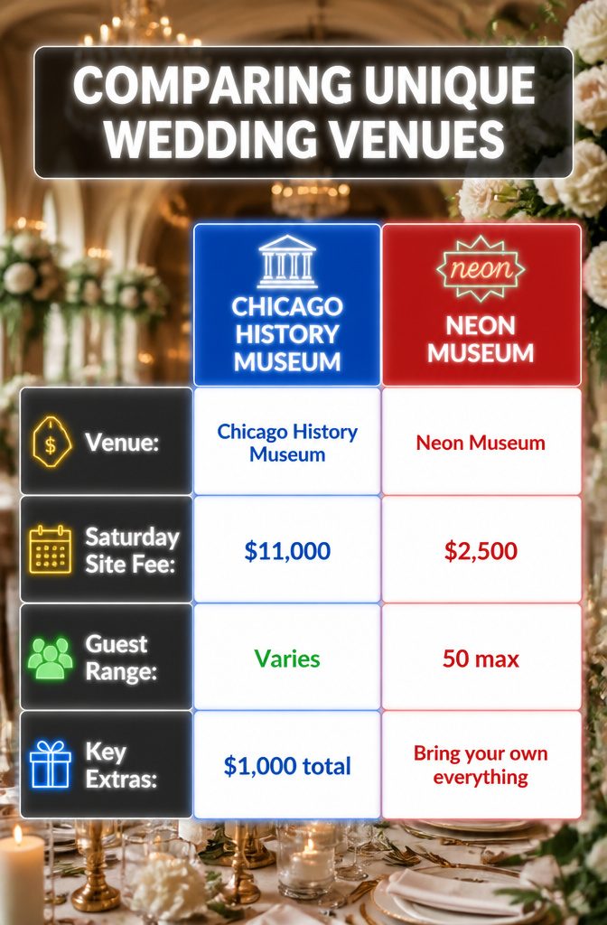 A chart comparing site fees for different wedding venues.