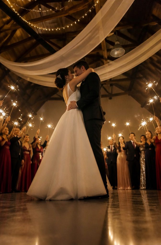 20 Wedding Reception Ideas for a 2026 Party Guests Won't Forget 16 Guests holding sparklers in a circle around the couple.