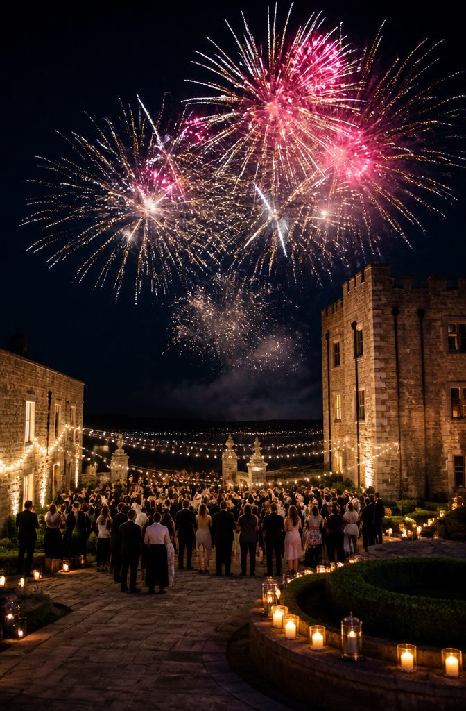 20 Wedding Reception Ideas for a 2026 Party Guests Won't Forget 17 Fireworks exploding in the sky at a wedding reception.