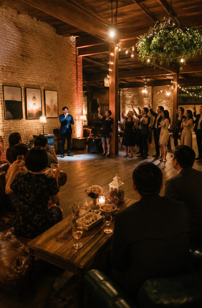 20 Wedding Reception Ideas for a 2026 Party Guests Won't Forget 6 Guests singing karaoke at a wedding reception.