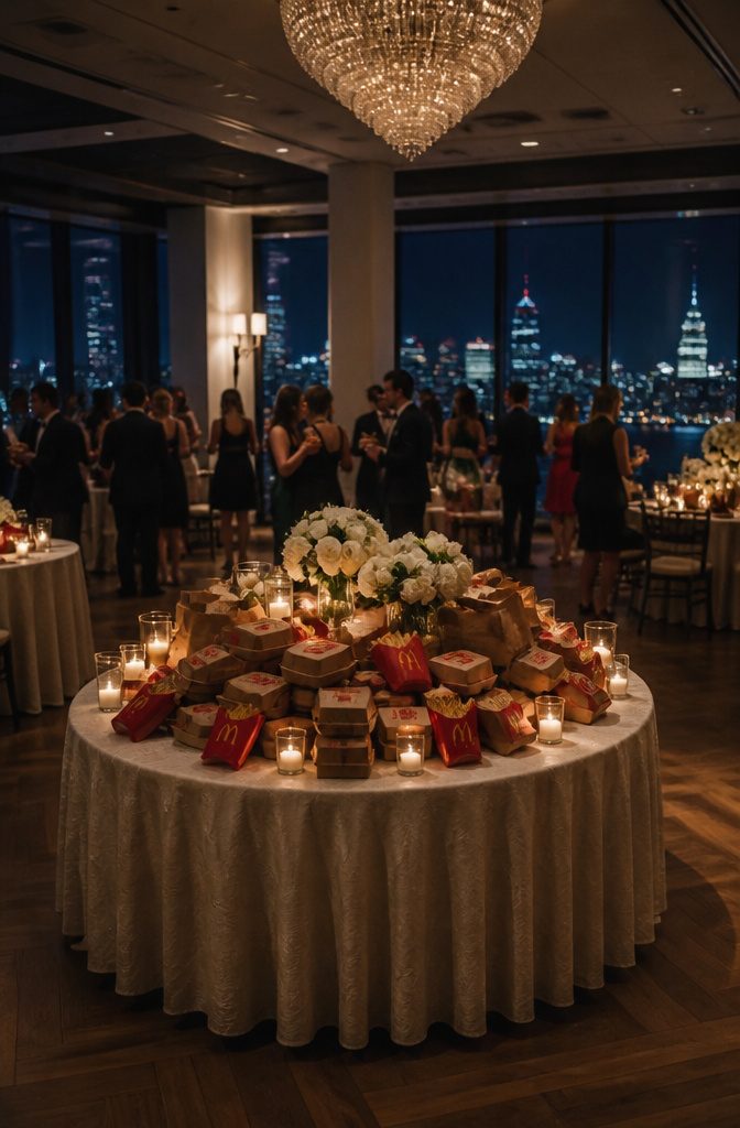 20 Wedding Reception Ideas for a 2026 Party Guests Won't Forget 3 A couple presenting McDonald's food at a wedding reception.