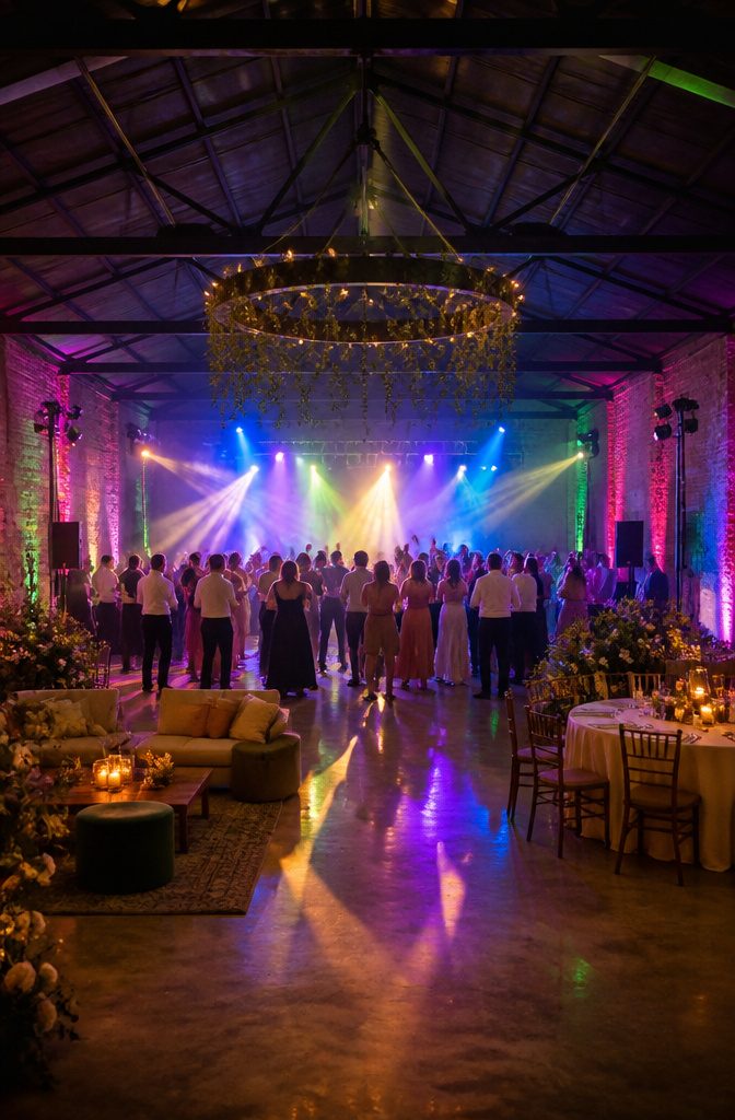 20 Wedding Reception Ideas for a 2026 Party Guests Won't Forget 18 A dance floor with colorful lights and fog at a wedding.