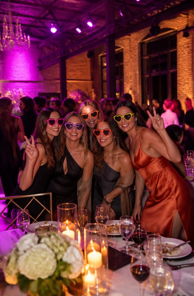 20 Wedding Reception Ideas for a 2026 Party Guests Won't Forget 11 Guests in colorful sunglasses enjoying a wedding reception.