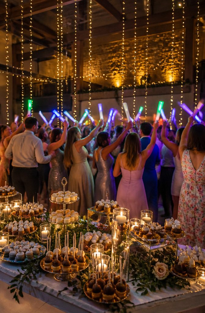 20 Wedding Reception Ideas for a 2026 Party Guests Won't Forget 10 Guests waving glow sticks at a wedding reception dance floor.