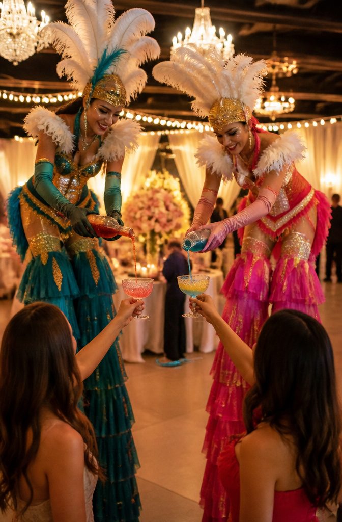 20 Wedding Reception Ideas for a 2026 Party Guests Won't Forget 1 Stilt walkers pouring drinks at a wedding reception.