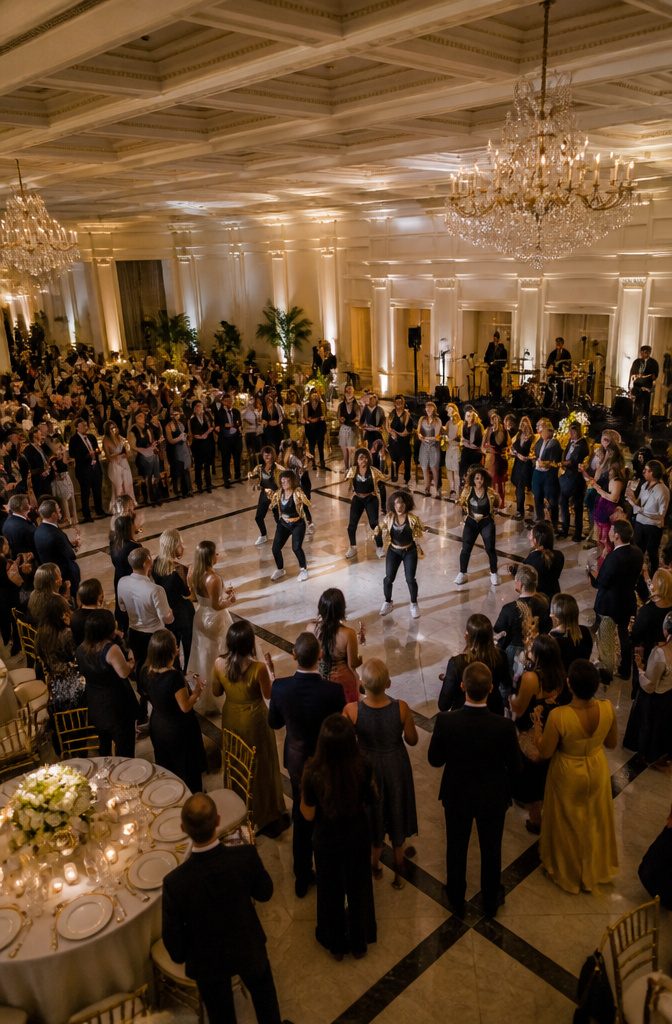 20 Wedding Reception Ideas for a 2026 Party Guests Won't Forget 9 Wedding party members performing a surprise dance at a reception.