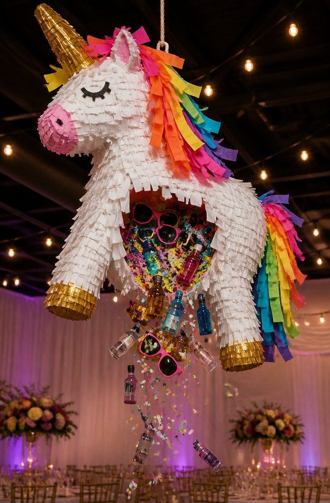 20 Wedding Reception Ideas for a 2026 Party Guests Won't Forget 4 A piñata hanging at a wedding reception waiting to be broken.