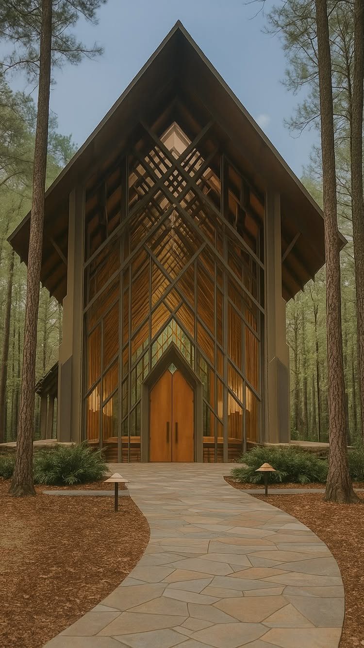 A modern wooden chapel with large glass windows nestled within a tall pine forest.