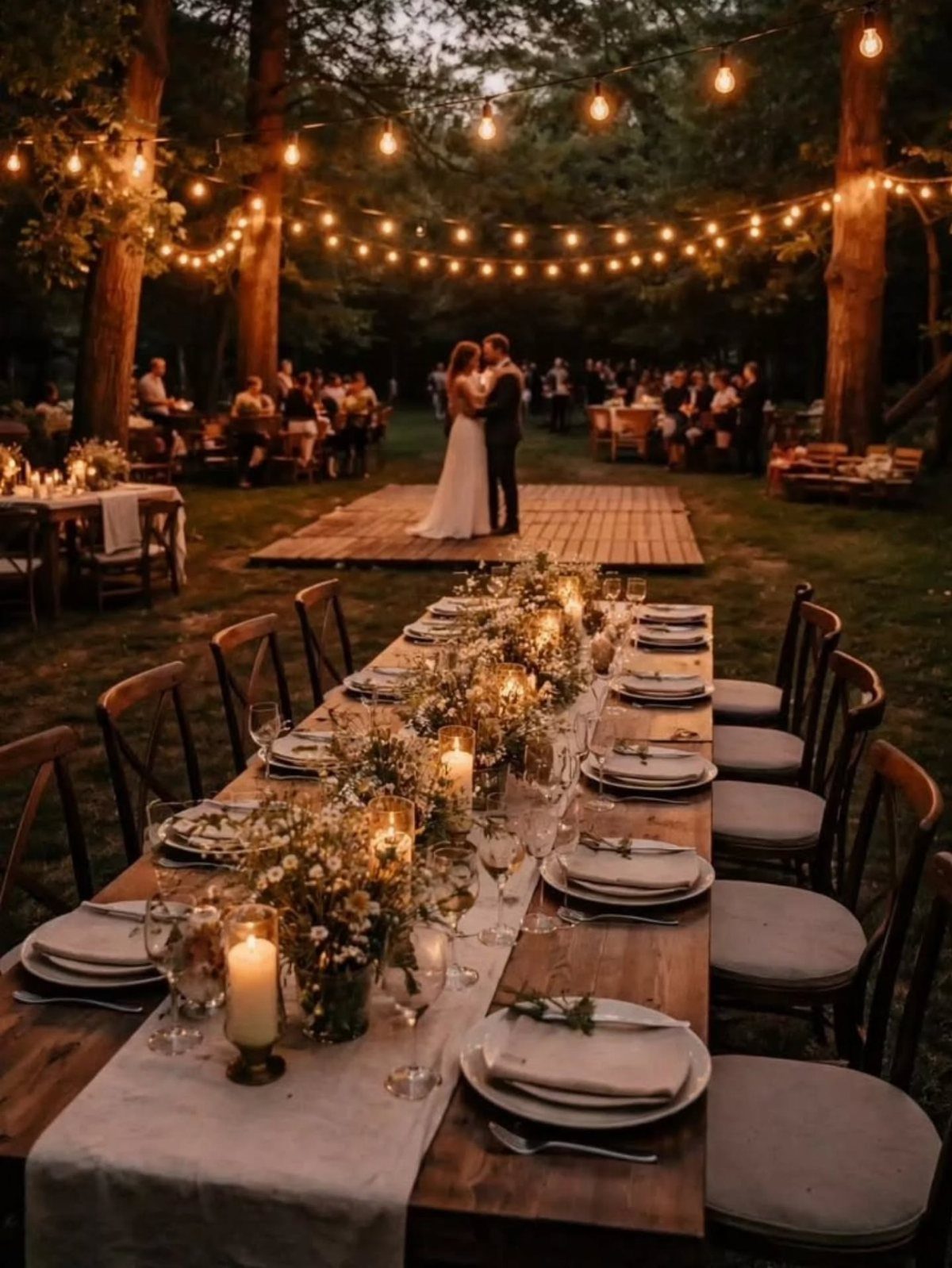 A long wooden wedding reception table decorated with flowers and candles in a forest setting.