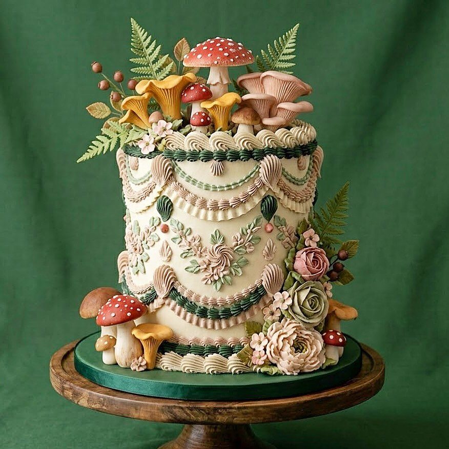 A decorated cream wedding cake featuring edible mushrooms, ferns, and pink floral buttercream designs.