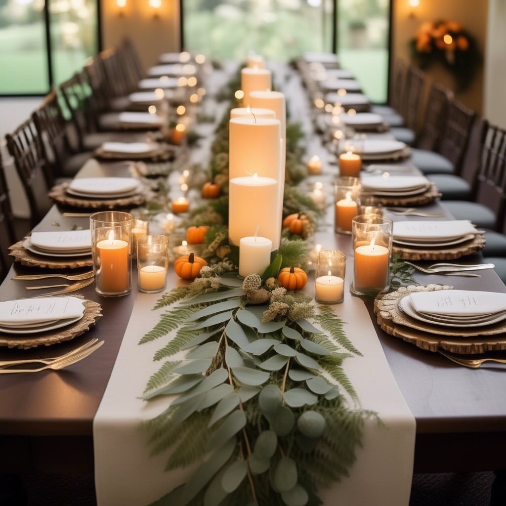 11 Wedding Party Table Decor Ideas for Any Venue Style 7 A long wedding table featuring a white runner, eucalyptus greenery, white candles, and small pumpkins.