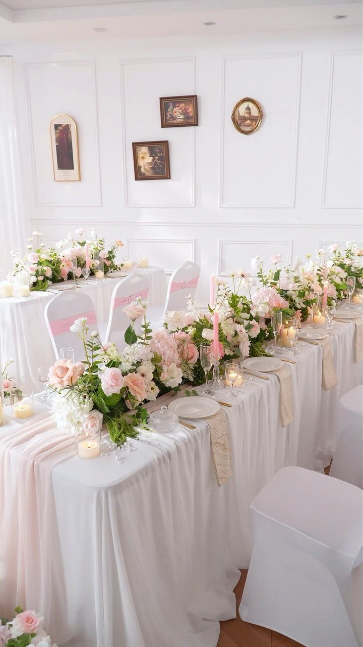 11 Wedding Party Table Decor Ideas for Any Venue Style 1 A long wedding table decorated with white linens, pink fabric runners, and floral centerpieces.