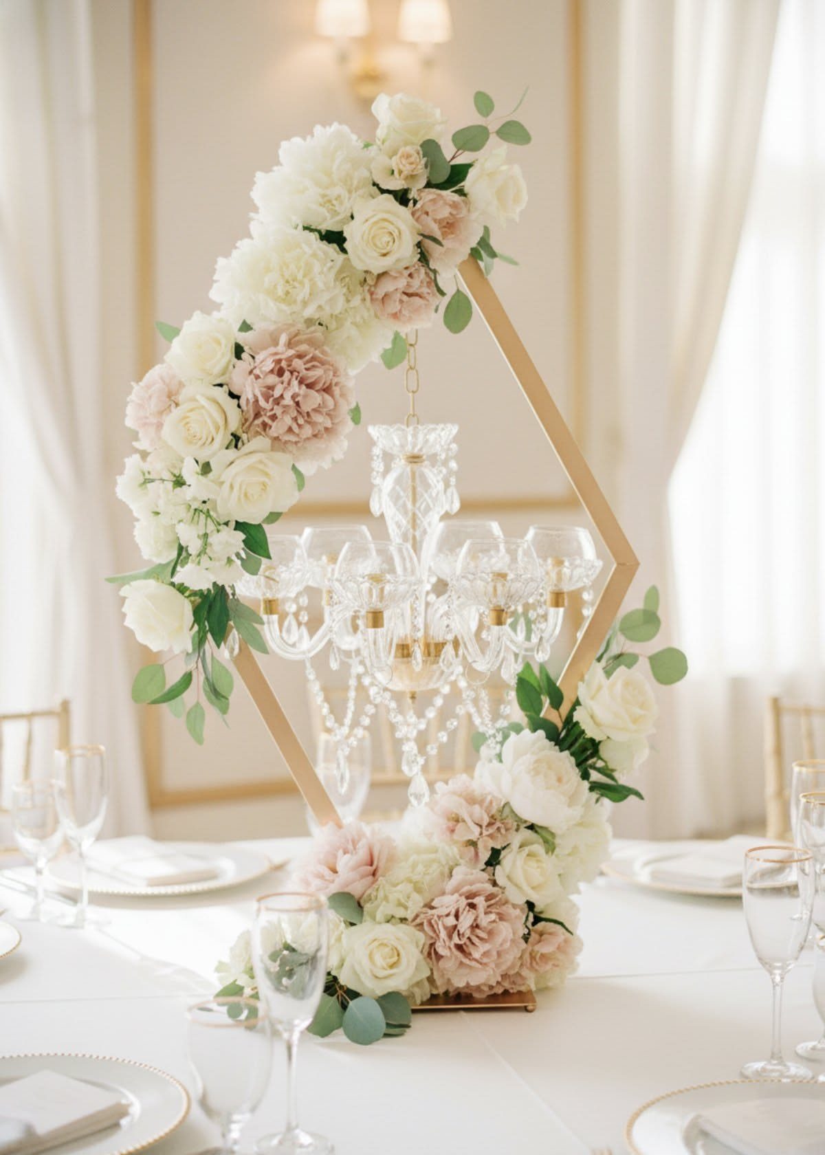 11 Wedding Party Table Decor Ideas for Any Venue Style 5 A gold geometric metal frame decorated with pink and white roses and eucalyptus on a wedding table.