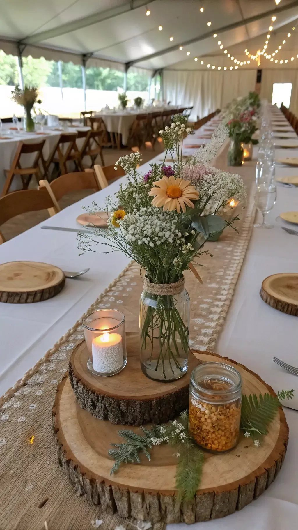11 Wedding Party Table Decor Ideas for Any Venue Style 11 Rustic wedding table setting with wood slice chargers, wildflowers in glass jars, and burlap runner.