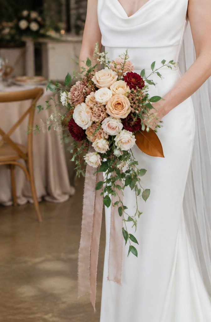 20 Wedding Photography Ideas for 2026 8 Bride holding a colorful bouquet with a raw silk ribbon.