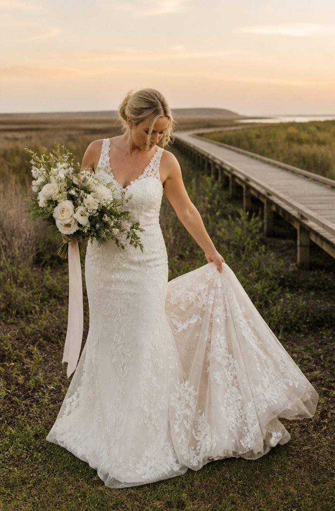 20 Wedding Photography Ideas for 2026 6 Bride posing for a formal portrait in a scenic outdoor location.